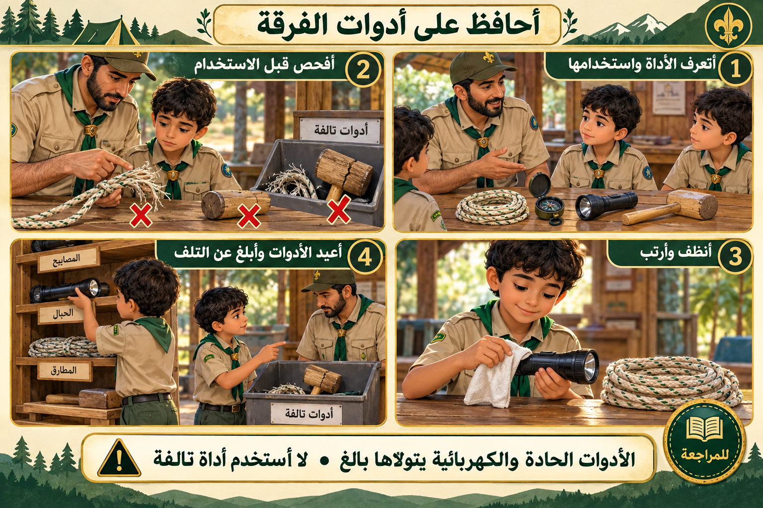 التعرف على الحبل والبوصلة والمصباح والمطرقة، وفحص التلف، وتنظيف الأدوات وترتيبها، وإعادتها وإبلاغ القائد.