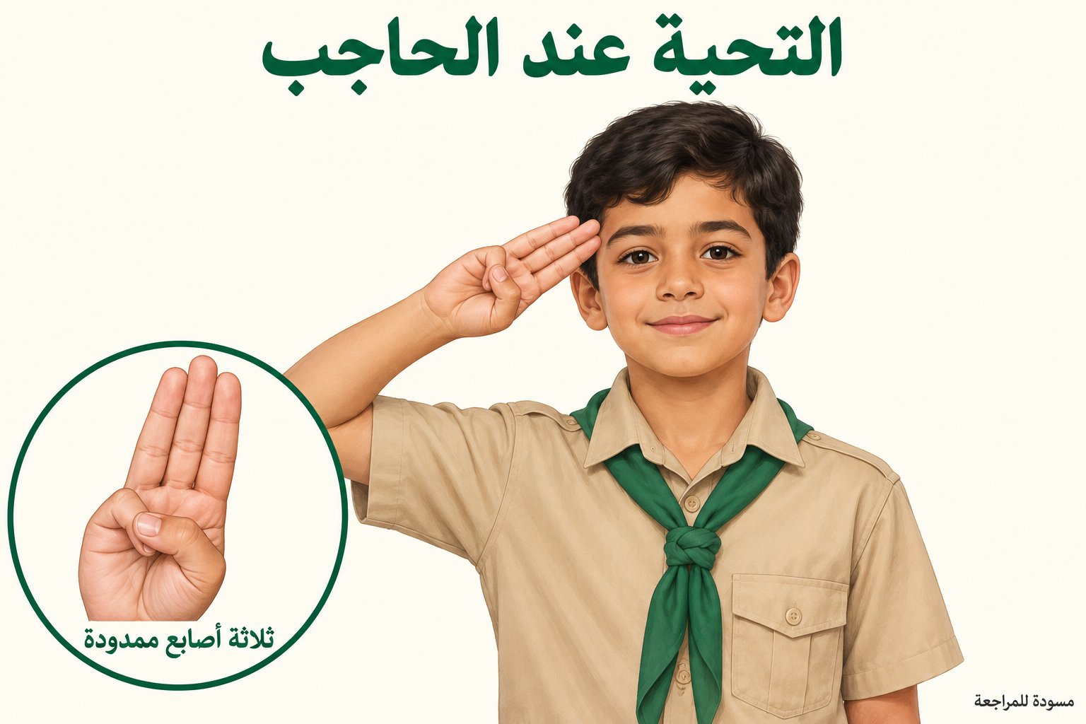شبل يؤدي التحية باليد اليمنى عند الحاجب، وباطن اليد في المواجهة، مع ثلاثة أصابع ممدودة وخنصر مطوي تحت الإبهام.