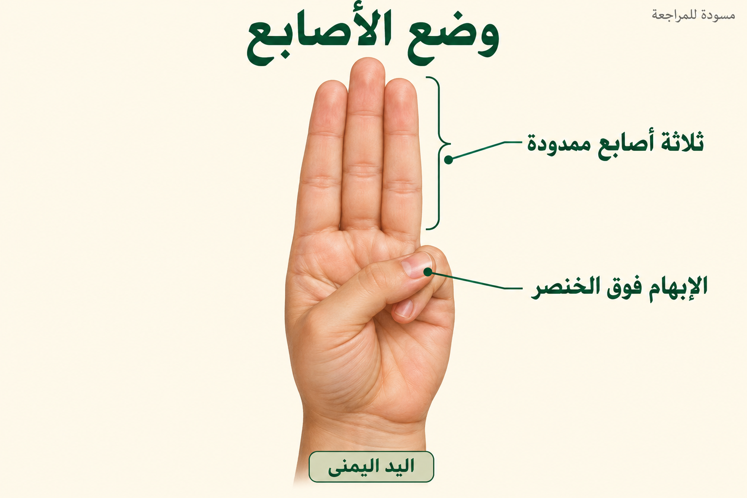 شرح وضع الأصابع: السبابة والوسطى والبنصر ممدودة، والخنصر مطوي والإبهام فوقه.