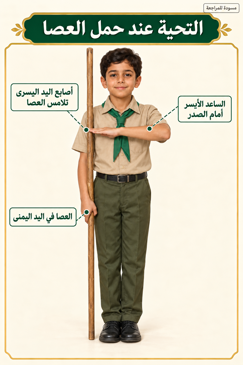 شبل يمسك العصا رأسيًا باليد اليمنى بجانب جسمه، ويمرر الساعد الأيسر أمام الصدر حتى تلامس أصابع اليد اليسرى العصا.